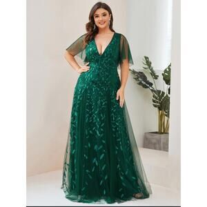 NEW Elegant Evening Dress Plus Size 26 Long V-Neck Chiffon Sequin Short Sleeve